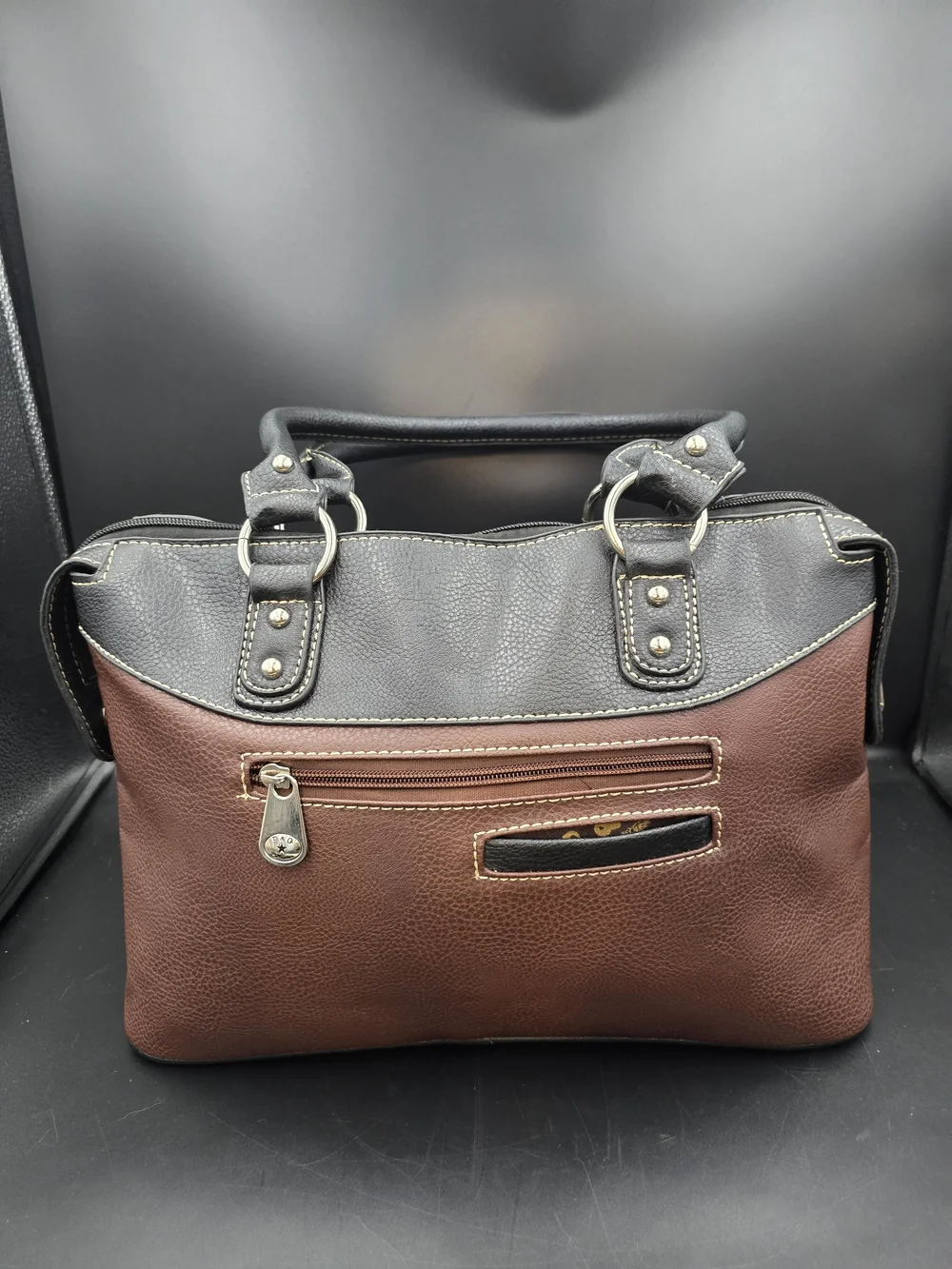 Embellished Two-Tone Black and Brown Satchel Handbag